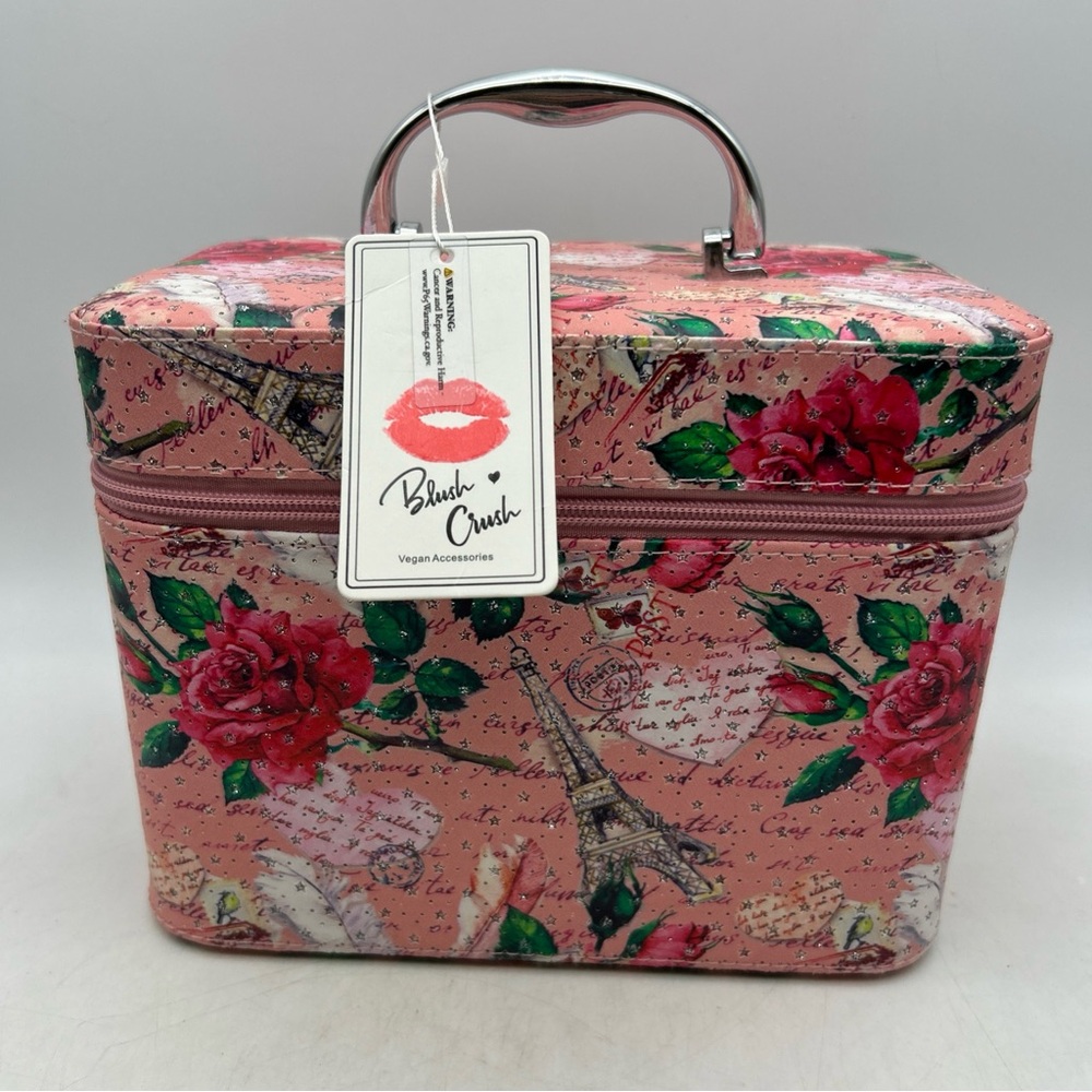 Blush Crush Pink Paris Makeup Bag Eiffel Tower Print – Vegan Zipper Pouch Roses